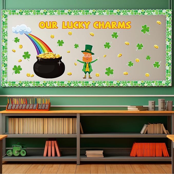 St. Patrick’s Day Bulletin Board Set, St. Patrick’s Shamrocks Cutouts Border Clover Leprechaun Rainbow Pot of Gold Classroom Decorations for School Chalkboard Wall Window Party Decor Supplies