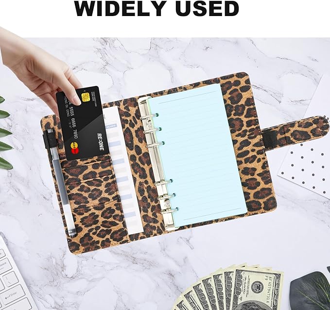 A6 Refillable 6 Ring Faux Leather Budget Binder,Mini Notebook Binder Cover for A6 Filler Paper,Loose Leaf Personal Planner Cover with Magnetic Buckle Closure (Leopard)