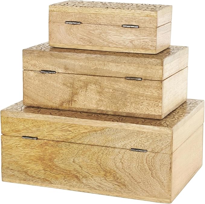 Deco 79 Mango Wood Scroll Handmade Decorative Box Storage Decorative Keepsake Box with Vine Carvings and Gold Accents, Set of 3 Storage Box 11", 9", 7"W, Brown