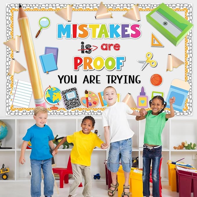 3D Back to School Bulletin Board Set Inspirational Classroom Decoration Educational Pencil Cutouts Mistakes are Proof You are Trying Bulletin Board for Teacher School Home Chalkboard Door Wall Decor