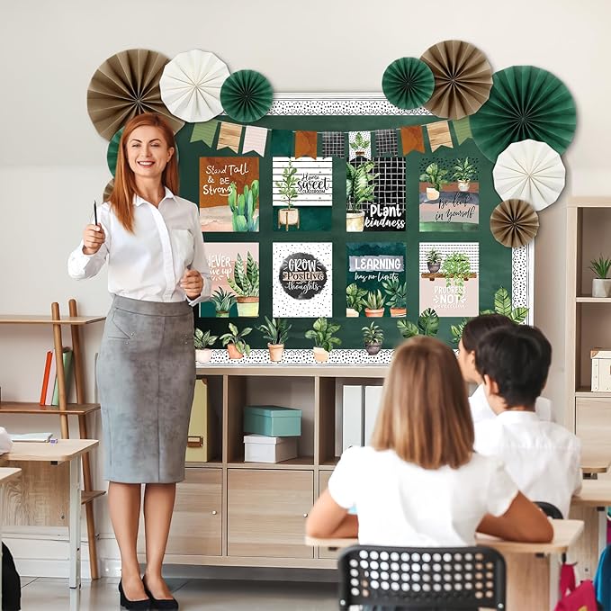 Pajean 62 Pcs Boho Plant Classroom Bulletin Board Decorations with 3D Paper Fans Inspirational Posters Cutouts Greenery Positive Motivational Bulletin Board Set for School Classroom Home Decorations