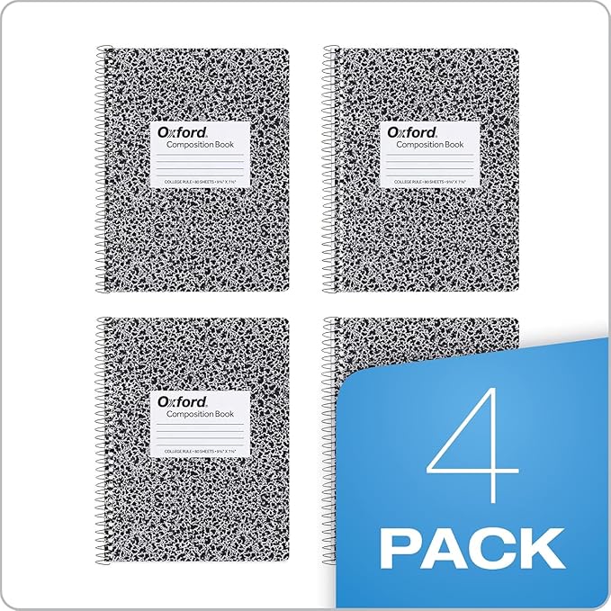 Oxford Spiral Composition Notebooks, 4 Pack, College Ruled Paper, 9-3/4 x 7-1/2 Inches, 80 Sheets, Black Marble Cover (64951)