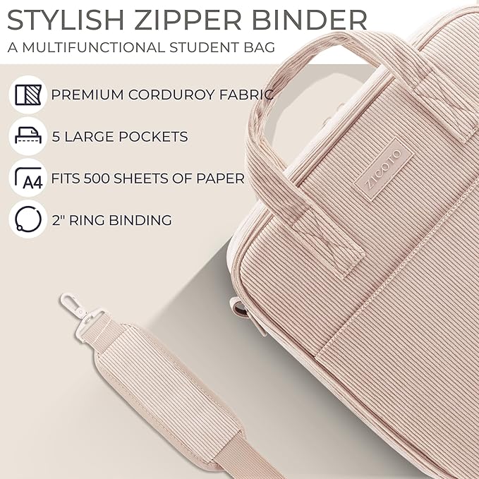 Sturdy 3-Ring Zipper Binder with Shoulder Strap for School – Beautiful 2-Inch Zip-Up Binder with Extra Pockets Holds 500 Sheets, Books & Laptop – Easy-to-Carry Trapper Keeper Made of Premium Fabric