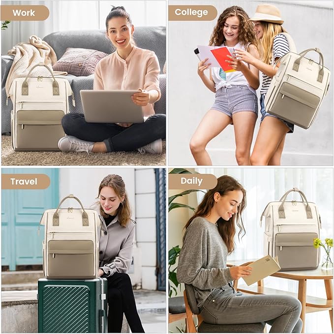 LOVEVOOK Laptop Backpack for Women, 18 Inch Work Teacher Nurse Bag, Large Capacity Business Computer Backpack Purse with USB Port, Stylish Casual Daypack for Travel,Beige&Khaki