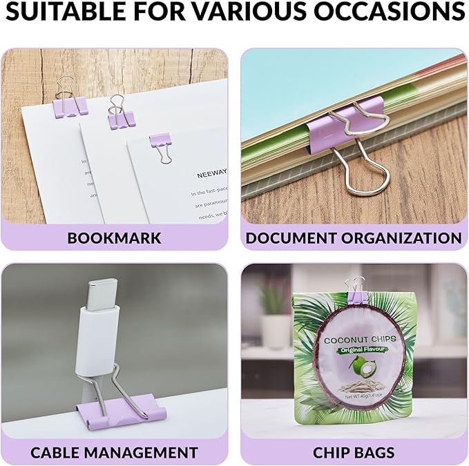 NEEWAY 100 Count Binder Clips Assorted Sizes, Paper Binder Clips (0.6inch 0.75inch 1inch), Metal Paper Clamps for Office and Home (Purple)