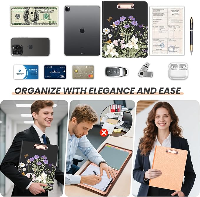Clipboard with Storage for Men Women, Leather Padfolio Portfolio with Zipper, 1 Inch 3 Ring Binder 5 Dividers, Notepad for Letter Size, Elastic Closure and Pen Loop, Card Slot Black Flower