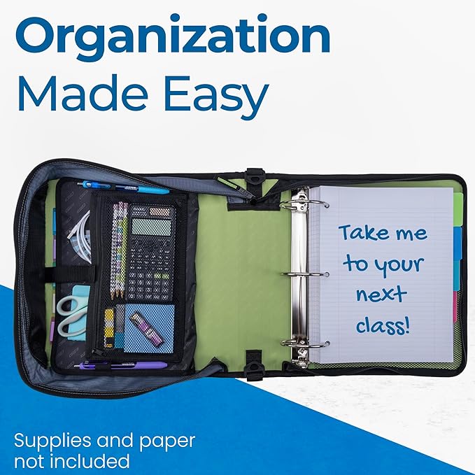 Case-it Mighty Zip Tab School Zipper Binder | 3-Inch O-Rings, 600-Sheet Capacity, 5-Subject Expanding File Folder, Multiple Pockets & Storage Organizer, Shoulder Strap | D-146 Key Lime