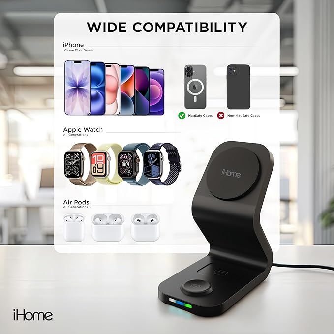 iHome 15W 3-in-1 Magnetic Wireless Charging Stand, MagSafe Compatible, Charges Up to 3 Devices