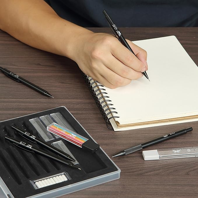 Mr. Pen- Metal Mechanical Pencil Set with Lead and Eraser Refills, 5 Sizes, Black, 0.3, 0.5, 0.7, 0.9, 2mm, Drawing Mechanical Pencils, Mechanical Pencil Metal, Drawing Pencils Mechanical