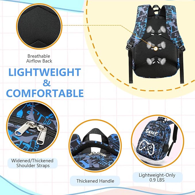 Boys Backpack with Lunch Box Glow in Dark Gamer Bookbag Kids Ages 4-12 Kindergarten Elementary Middle School Gaming Backpack, Gamer Blue