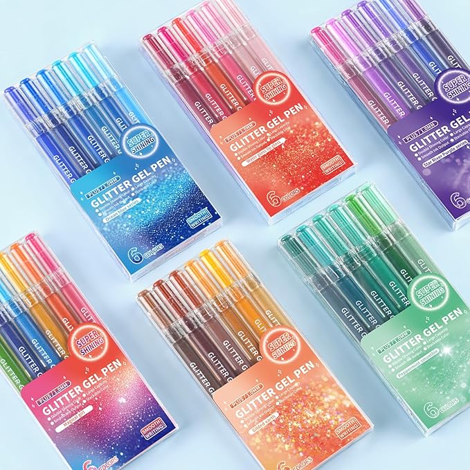Glitter Gel Pens, 6 Colors Double Shining Colors Orange Glitter Metallic Gel Ink Pen with 1.0 mm Large Capacity Smooth Writing Color Pens for Adult Coloring Note, Drawing, Art Supplies