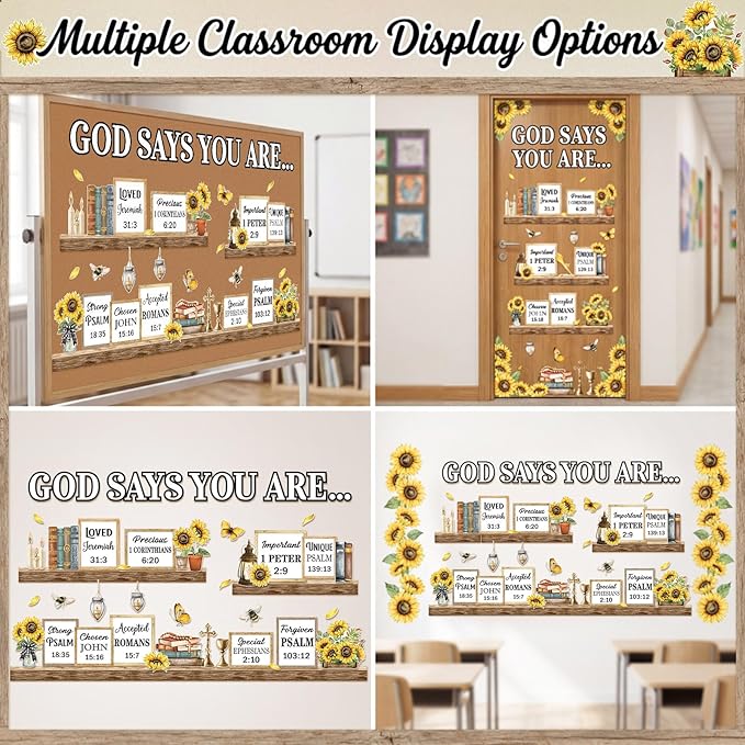 Qilery Sunflower Faith Bulletin Board Decorations Set, Cardstock Religious Wall Cutouts, Bulletin Board Borders & Letters, Christian Office Inspirational & Church Classroom Decor Kit, Adhesive Dots
