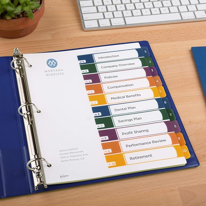 Avery Plastic 10 Tab Binder Dividers, Customizable Table of Contents, Multicolor Tabs, 1 Set (11818)