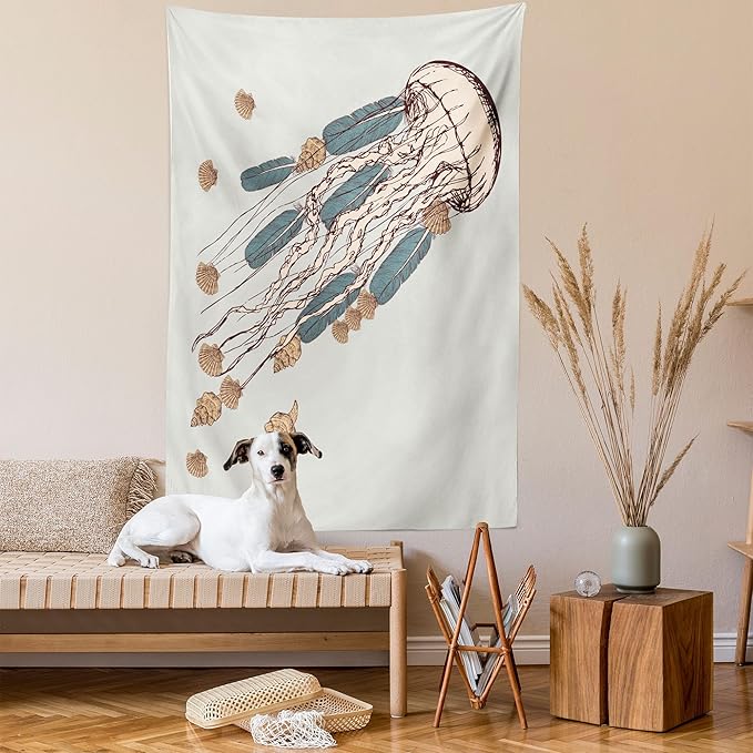 Ambesonne Jellyfish Tapestry, Boho Feather Tentacles Shells Vintage Art Print Under the Sea Tribal Fish, Wall Hanging for Bedroom Living Room Dorm Decor, 40" X 60", Beige Brown