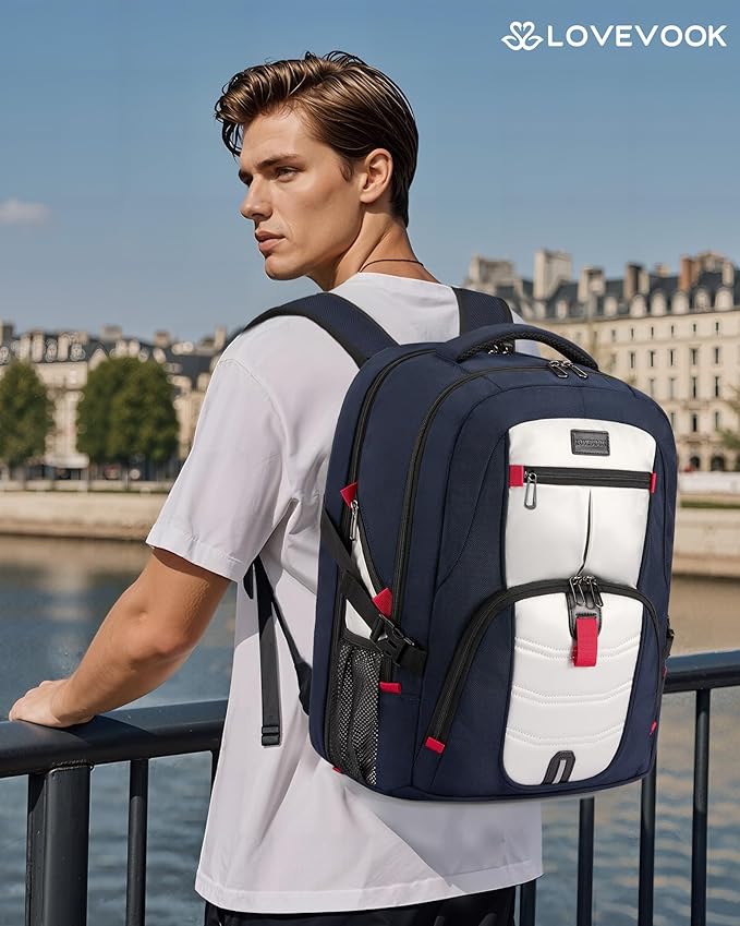 LOVEVOOK 17 inch Blue&White Travel Laptop Backpack with USB Charging Port, Anti-Theft, Water-Resistant, Modern Practical Unisex College/University Backpack