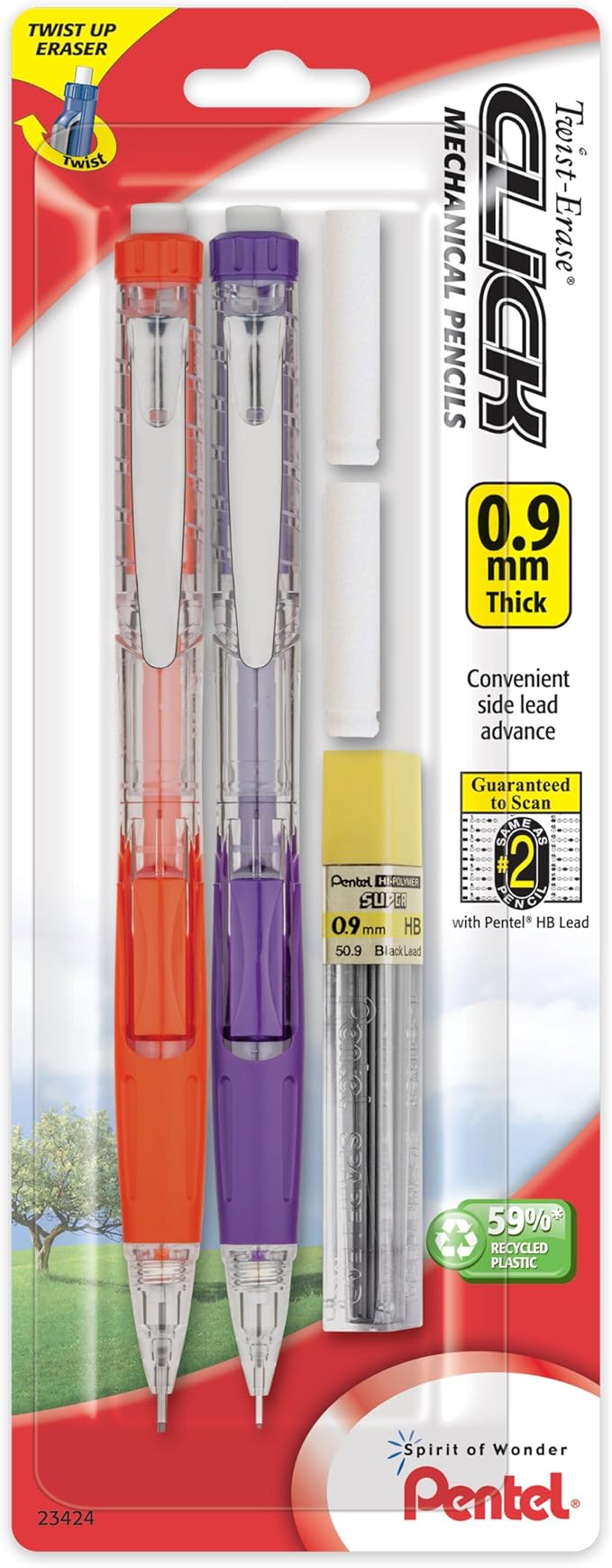 Pentel Twist Erase Click Automatic Pencil with 2 Eraser Refills and Lead, 0.9 mm, Assorted Barrels, Color May Vary, 2 Pack (PD279TLEBP2)