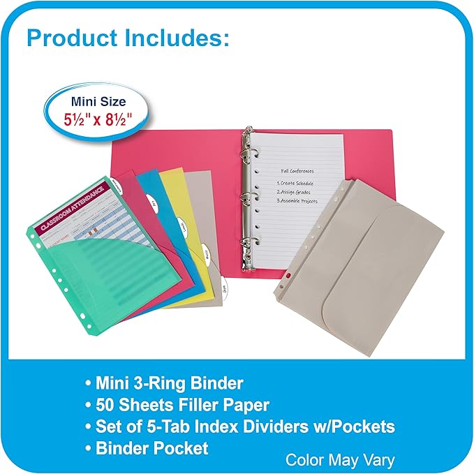 C-Line Mini Binder Starter Kit, Includes Binder, Index Dividers, Filler Paper and Binder Pockets, Colors May Vary, 1 Each (30100)