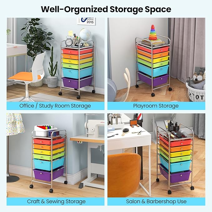 COSTWAY 6-Drawer Rolling Storage Cart, Multifunctional Art Craft Tools Organizer on Wheels, Heavy Duty Utility Mobile Storage Trolley w/ 2 Lockable Wheels for Home Office School (Multi-color)