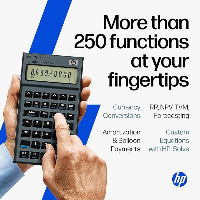 HP 17bII+ Financial Calculator – 250+ Professional Functions for Business, Finance & Accounting – RPN, Algebraic Entry, College Math Solver, 2-Line Display, 28KB Memory – Includes Case, Cleaning Cloth