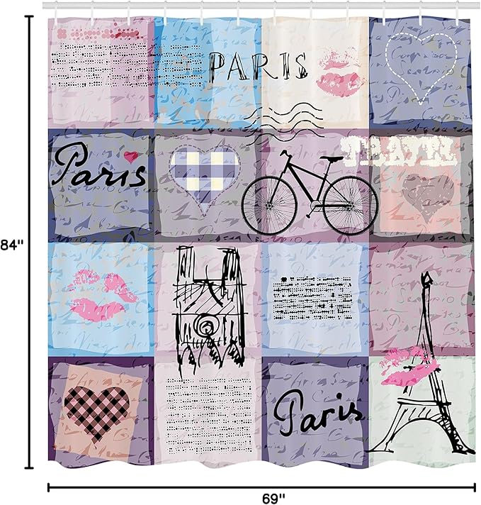 Ambesonne Paris Shower Curtain, Grunge Textured Retro Collage of France Famous Object Eiffel Tower Europe Theme, Cloth Fabric Bathroom Decor Set with Hooks, 69" W x 84" L, Multicolor Lilac