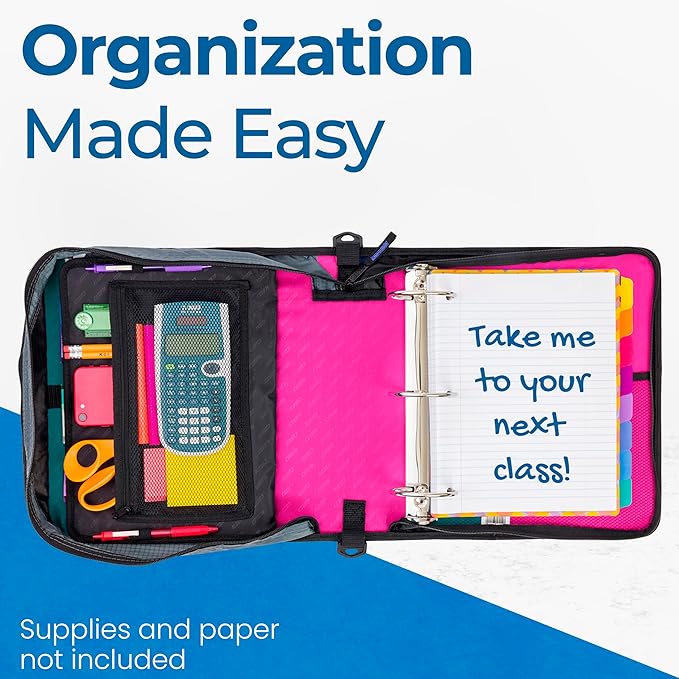 Case-it Mighty Zip Tab School Zipper Binder | 3-Inch O-Rings, 600-Sheet Capacity, 5-Subject Expanding File Folder, Multiple Pockets & Storage Organizer, Shoulder Strap | D-146 Magenta