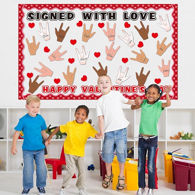 Valentine's Day Bulletin Board Decorations Set Signed with Love Classroom Decoration Happy Valentine's Day Love Heart Hand Gesture Cutouts for School Office Home Chalkboard Wall Decor Party Supplies
