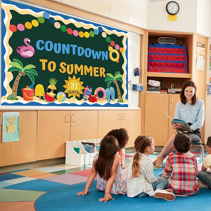 Countdown to Summer Bulletin Board Decoration Set, End of The Year Classroom Decor Hawaiian Luau Bulletin Board Border Tropical Palm Cutouts for Classroom Window Door Wall Home Office School 81Pcs