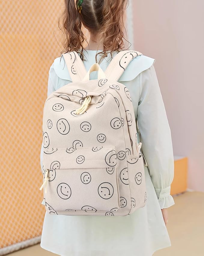 Backpack for Girls Boy Teen Corduroy Bookbags Elementary Middle High School Women Laptop Bag with Lunch Box Pencil Bag (Smile Beige)