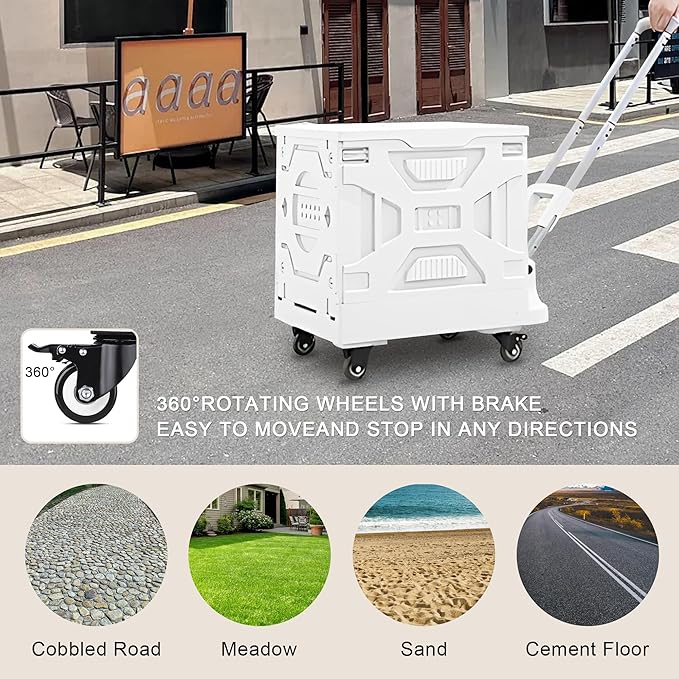 VECELO Rolling Carts with Wheels, Foldable Utility Cart, Light Weight Platform Trucks Dolly, with Recessed Design for Lids, 4 Heavy Duty Wheels, Ideal for Shopping, Camping, Teachers, Pearl White