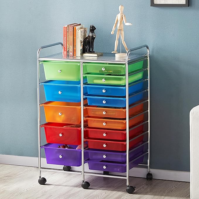 Yaheetech 15 Drawers Rolling Storage Cart Multipurpose Mobile Rolling Utility Storage Organizer Cart Tools Scrapbook Paper Organizer on Wheels, Multicolor