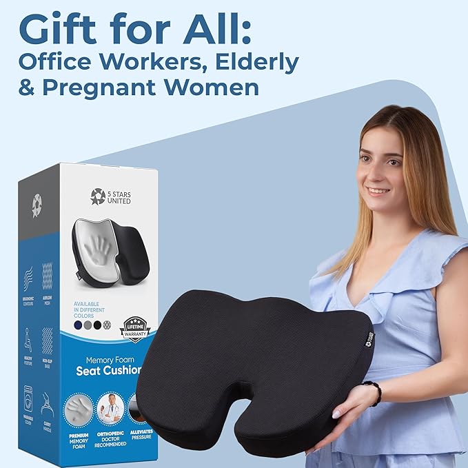 5 STARS UNITED Seat Cushion for Tailbone Pain Relief ā Memory Foam Cushion for Coccyx, Hip, Sciatica & Post-Surgery Recovery ā Wheelchair, Car, Desk, Gaming & Office Chairs, Black, X-Large