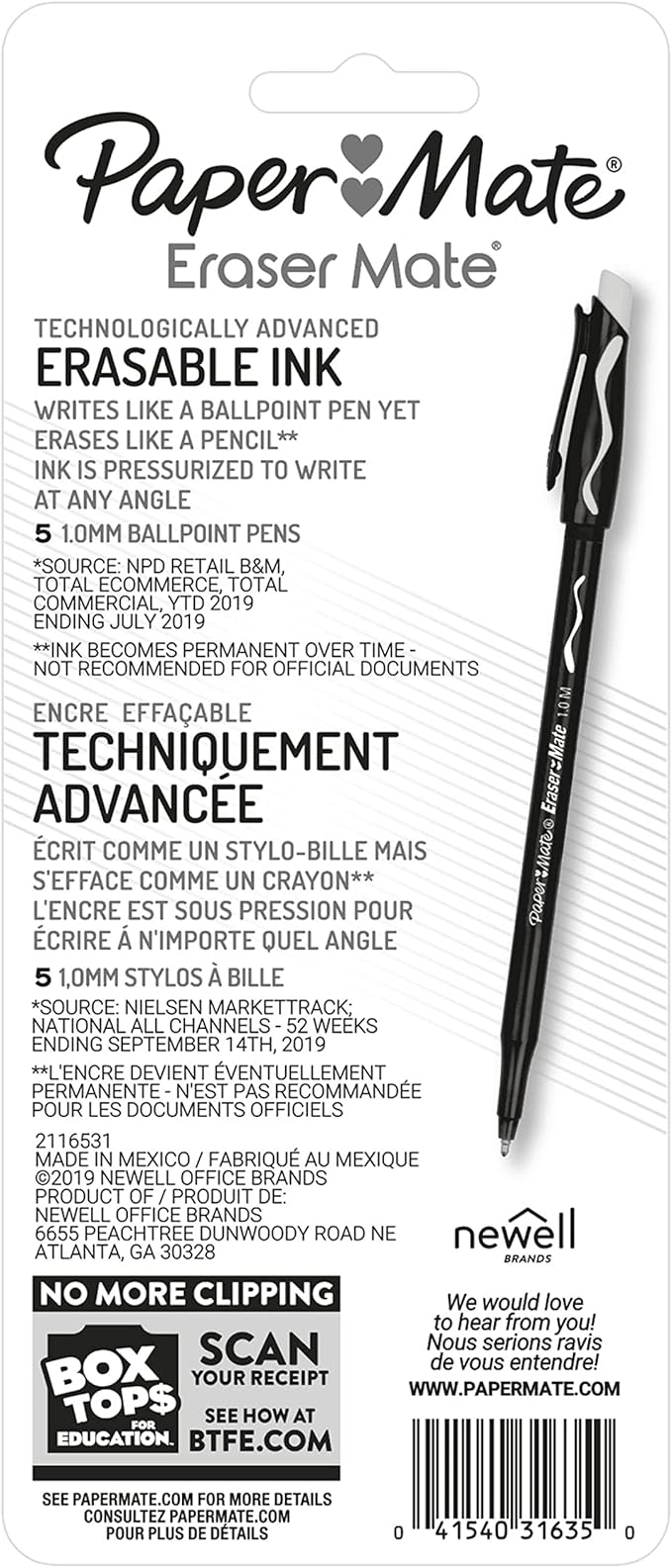 Paper Mate Erasermate Stick Medium Tip Ballpoint Pens, 5 Black Ink Pens (3150458PP)