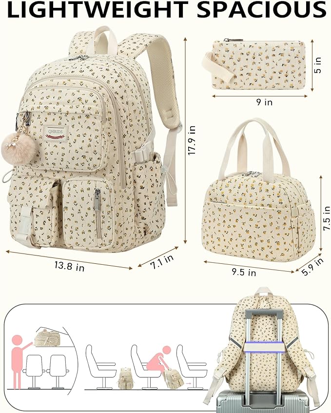 School Backpack Set for Teens Girls Women 3PCS Corduroy Lightweigh Laptop Backpacks with Lunch Box Pencil Kids Elementary Middle High Bags Students 3 in1 Bookbag Travel Daypack, Floral