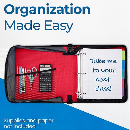 Case-it Classic Zipper Binder | 2-Inch O-Rings, 350 Sheet Capacity, Multiple Storage Pockets & Shoulder Strap | School & Office Organizer | D-251 Fire Engine Red