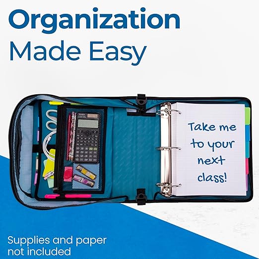 Case-it Mighty Zip Tab School Zipper Binder | 3-Inch O-Rings, 600-Sheet Capacity, 5-Subject Expanding File Folder, Multiple Pockets & Storage Organizer, Shoulder Strap | D-146 Wave