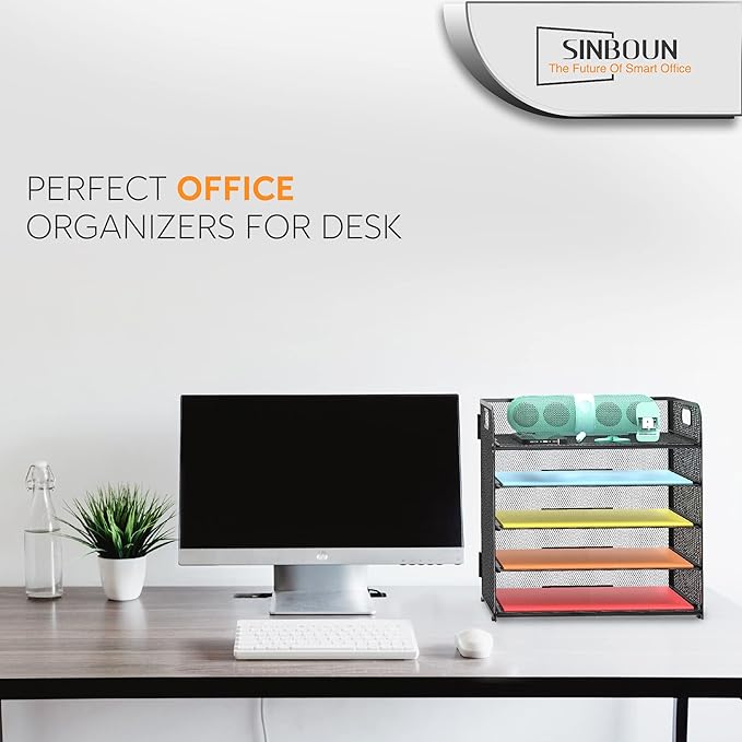Letter Tray Paper Organizer 5-Tier Desk Organizer File Organizer Paper Holder with Handle, Metal Desktop Document Shelf Tray Office Classroom Organization - Black
