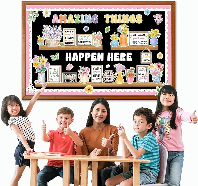 74pcs Spring Bulletin Board Decorations Set Flower Bookshelf Bulletin Board Amazing Things Happen Here Paper Cutouts Floral Cards Motivational Cutout Classroom Decor for Classroom School Offices