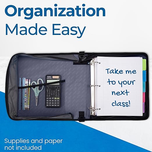 Case-it Classic Zipper Binder | 2-Inch O-Rings, 350 Sheet Capacity, Multiple Storage Pockets & Shoulder Strap | School & Office Organizer | D-251 Jet Black.