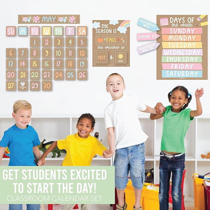 Hadley Designs Classroom Calendar Set Bulletin Board Decorations - School Calendar for Classroom Elementary, Preschool Must Haves, Homeschool & Daycare Essentials, Kraft Teacher Calendars