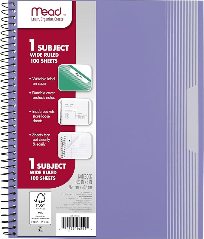 Mead Spiral Notebook, 1 Subject, Wide Ruled Paper, Plastic Cover, 8" x 10-1/2", 100 Sheets, Pastel Lilac (930092D)