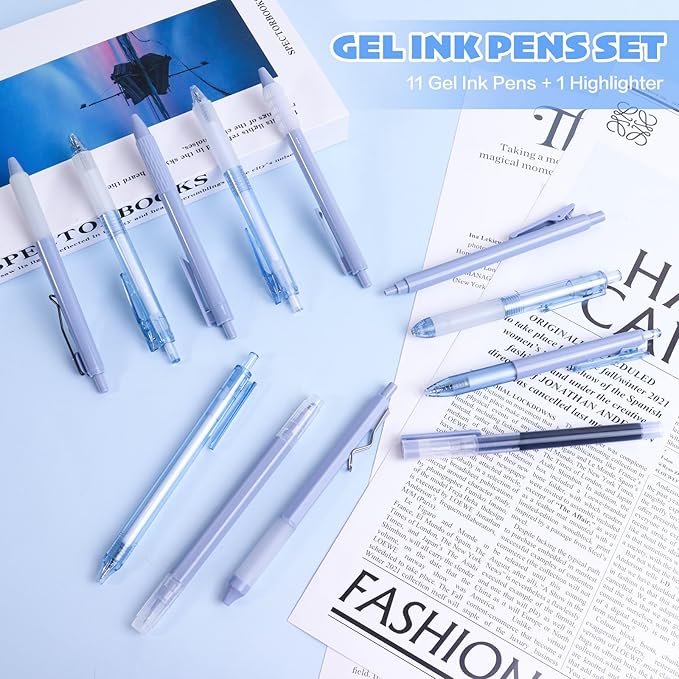 12Pcs Gel Pens Set, 11 Black Ink Pens, 1 Highlighter, Retractable 0.5mm Fine Point Pens for Office School (Navy Blue)
