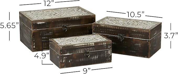 Deco 79 Wood Floral Handmade Decorative Box Decorative Keepsake Boxes with Hinged Lid, Set of 3 Storage Boxes 12", 11", 9"W, Brown