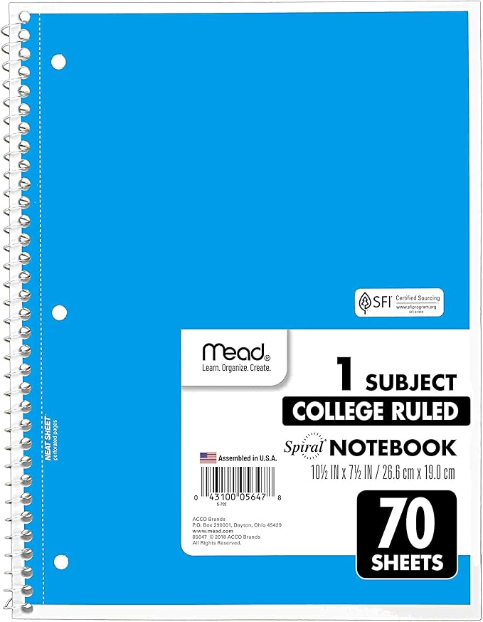 Mead Spiral Notebooks, 6 Pack, 1-Subject, College Ruled Paper, 10-1/2" x 8”, 70 Sheets per Notebook, Assorted Colors (73065)…