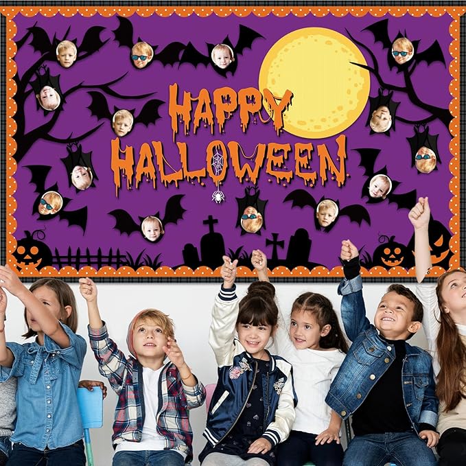 Happy Halloween Bulletin Board for Classroom Decoration Bat Pumpkin Tree Bulletin Board Set Bat Cutouts with October Halloween Cemetery Scene for School Classroom Chalkboard Wall Decor