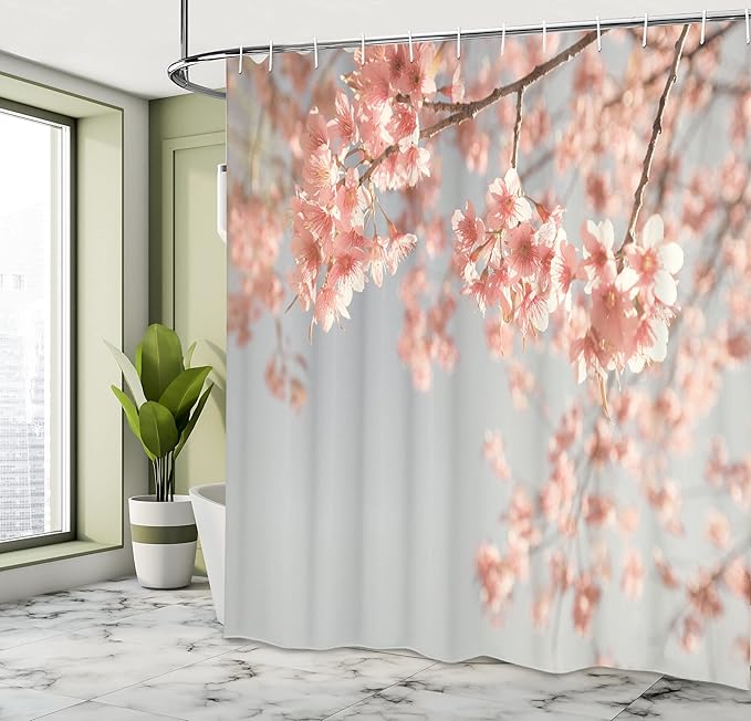 Ambesonne Peach Shower Curtain, Japanese Scenery Sakura Tree Cherry Blossom Nature Photography Coming of Spring, Cloth Fabric Bathroom Decor Set with Hooks, 69" W x 84" L, Bluegrey Coral
