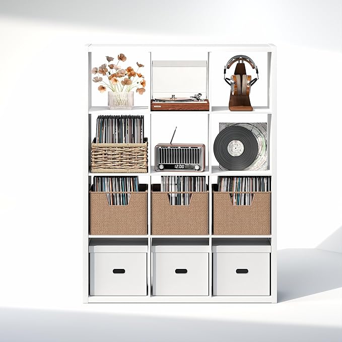 Furinno Cubicle Record Player Stand with Vinyl Storage, 12-Cube 1.2 Extra Thick Vinyl Record Storage, Open Back Media Shelf for CD DVD Blueray Game Disc, for Living Room, Home Office, White