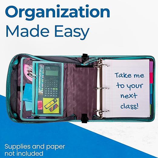 Case-it Mighty Zip Tab School Zipper Binder | 3-Inch O-Rings, 600-Sheet Capacity, 5-Subject Expanding File Folder, Multiple Pockets & Storage Organizer, Shoulder Strap | D-146 Aqua Iridescent Pastel