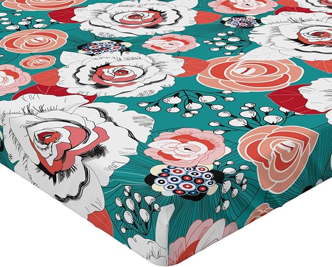 Ambesonne Floral Fitted Sheet, Flowers Arrangement Bouquet of Blossoms Colorful Vintage Garden Art, Bed Cover with All-Round Elastic Deep Pocket for Comfort, Queen Size, Dark Seafoam Multicolor