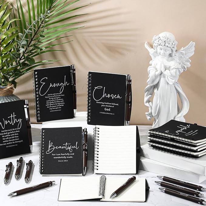 Kosiz 24 Sets Christian Gifts Bulk Inspirational Bible Verse Spiral Notebook and Religious Bamboo Ballpoint Pen Journal with Scripture for Easter Church Member First Communion Teacher Holy Week (Black)