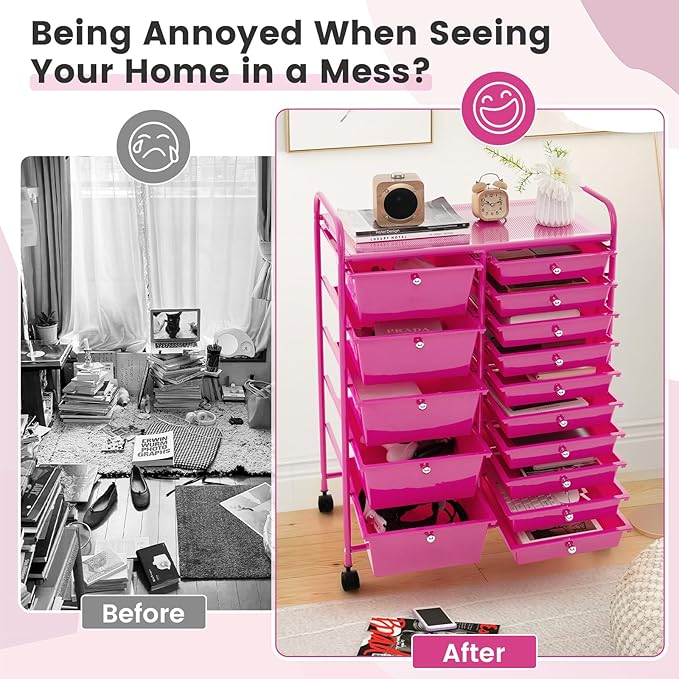 COSTWAY 15 Drawer Rolling Storage Cart, Mobile Utility Cart with Lockable Wheels, Drawers, Multipurpose Organizer Cart for Home, Office, School, Hot Pink